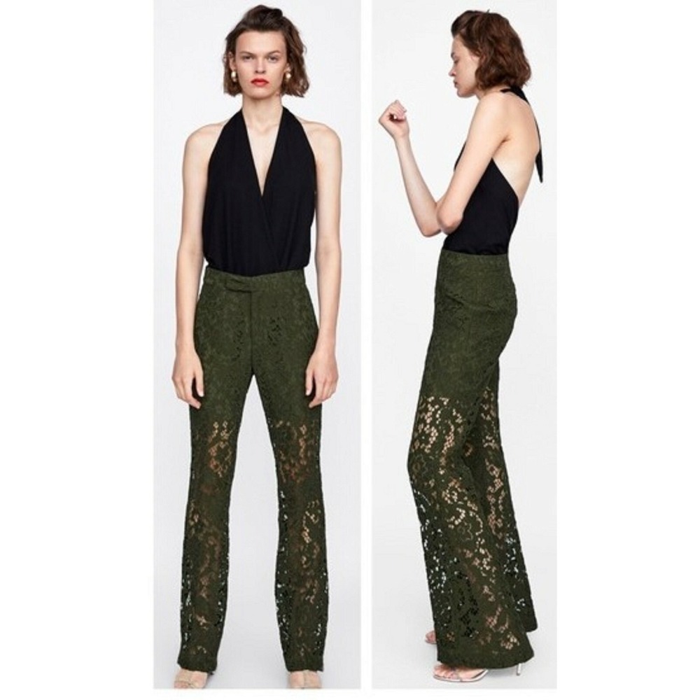 ZARA WOMAN Olive Green Lace‎ Wide Leg Pants XS Flare Bell Bottoms